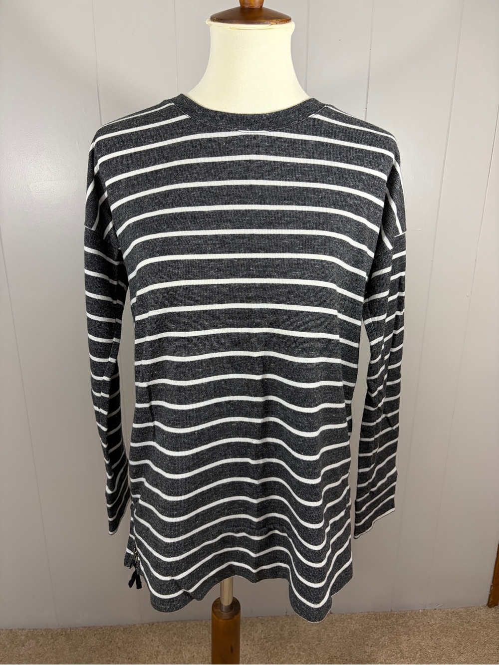 Lou & Grey Dark Gray and White Striped Crewneck Sweater